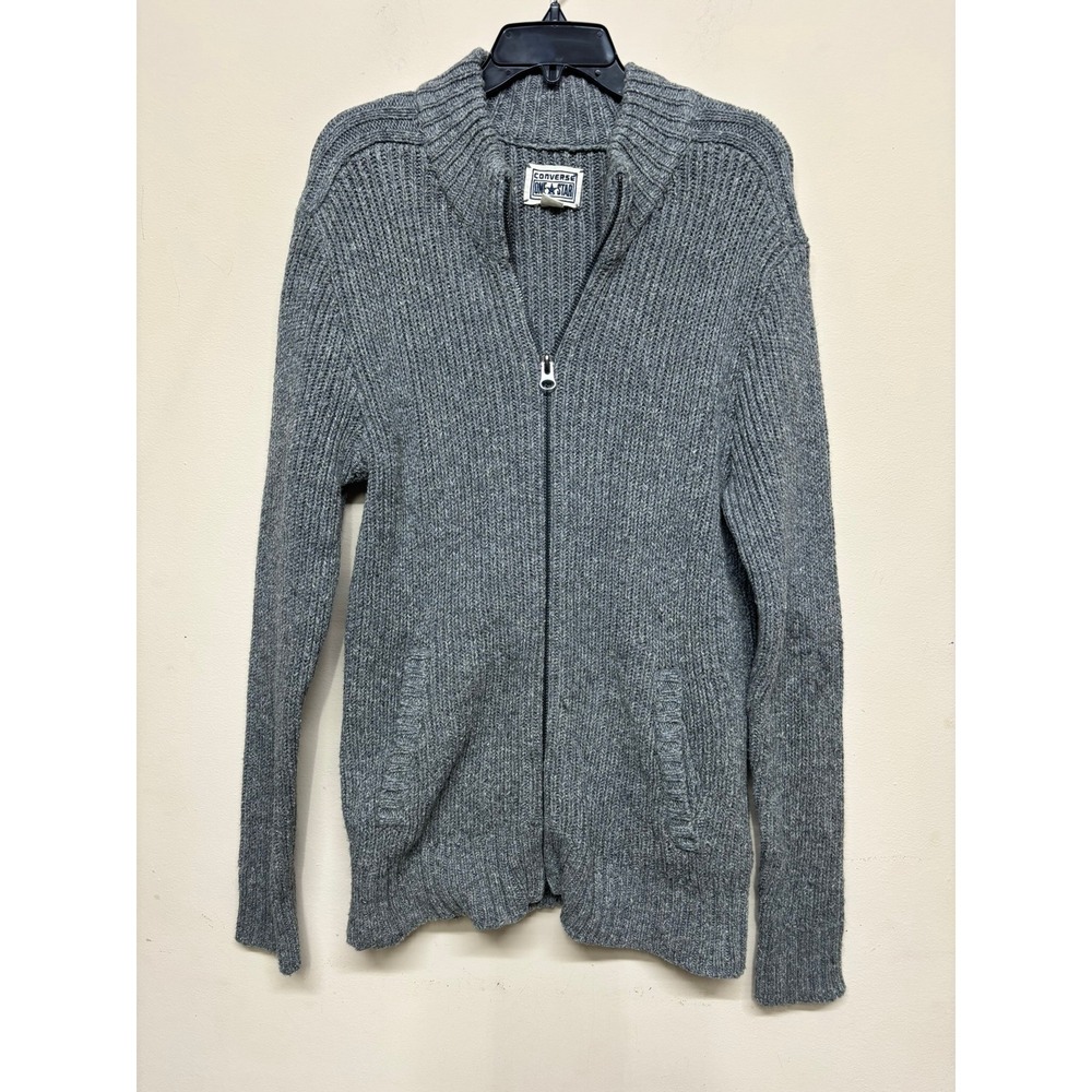 Converse One Star Gray Zip Front Ribbed Knit‎ Sweater Jacket Size L